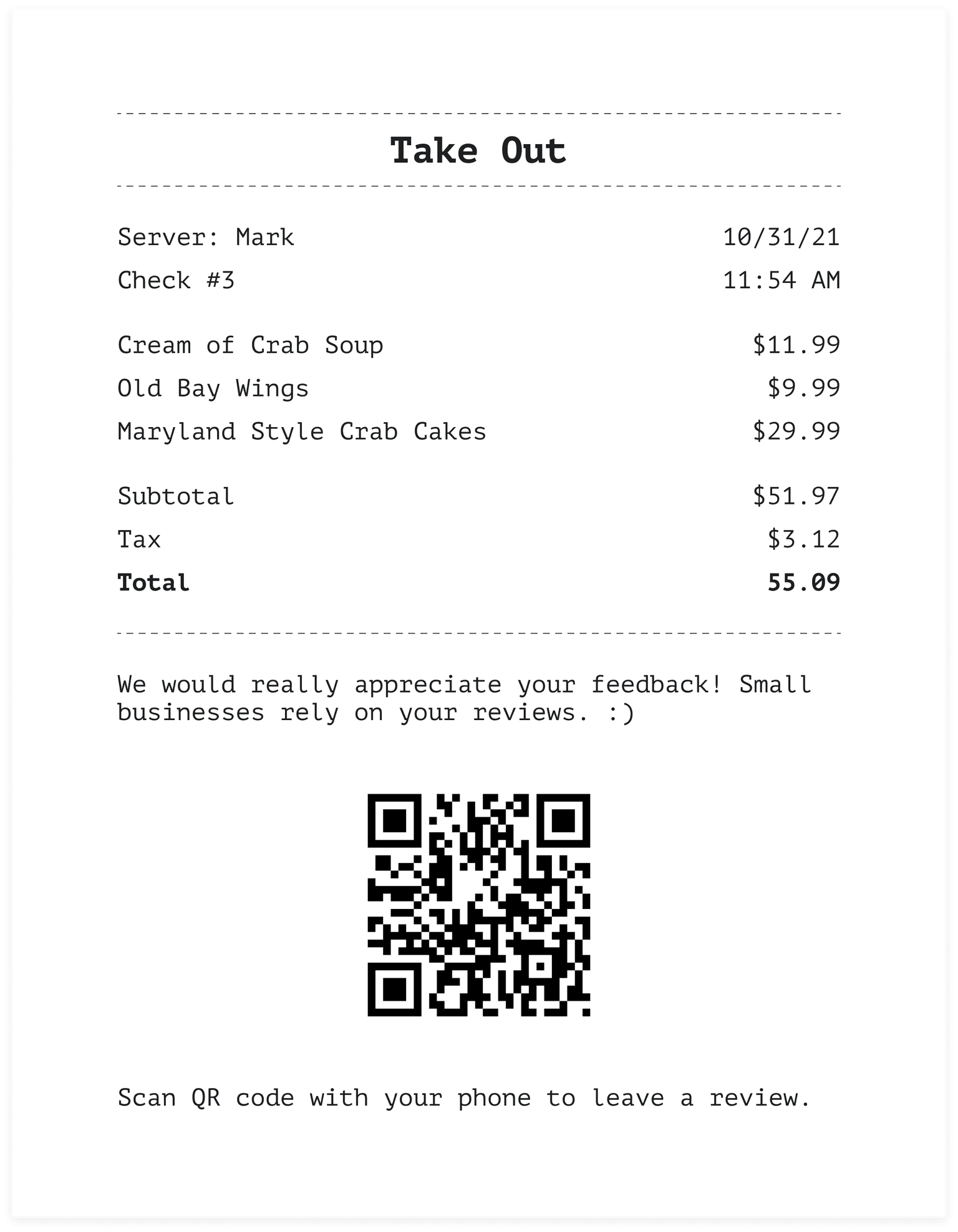 a restaurant receipt with a QR code